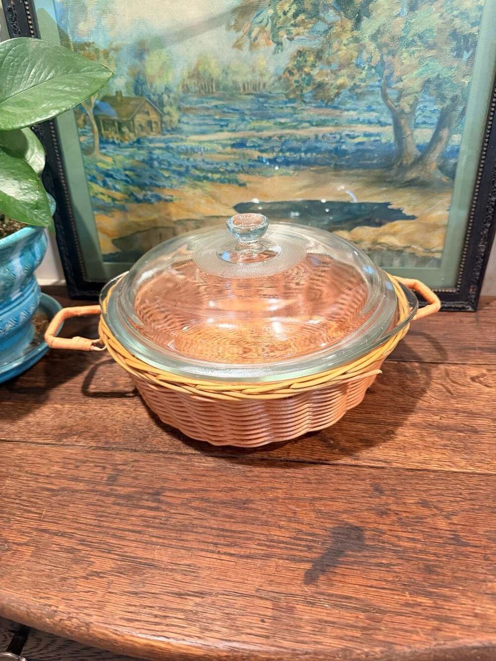 Vintage Glasbake 2 Quart Round Lidded Casserole Dish with Woven Wicker Basket